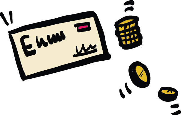 A cartoon of a cheque and coins