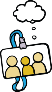 A cartoon lanyard featuring three people on a name badge
