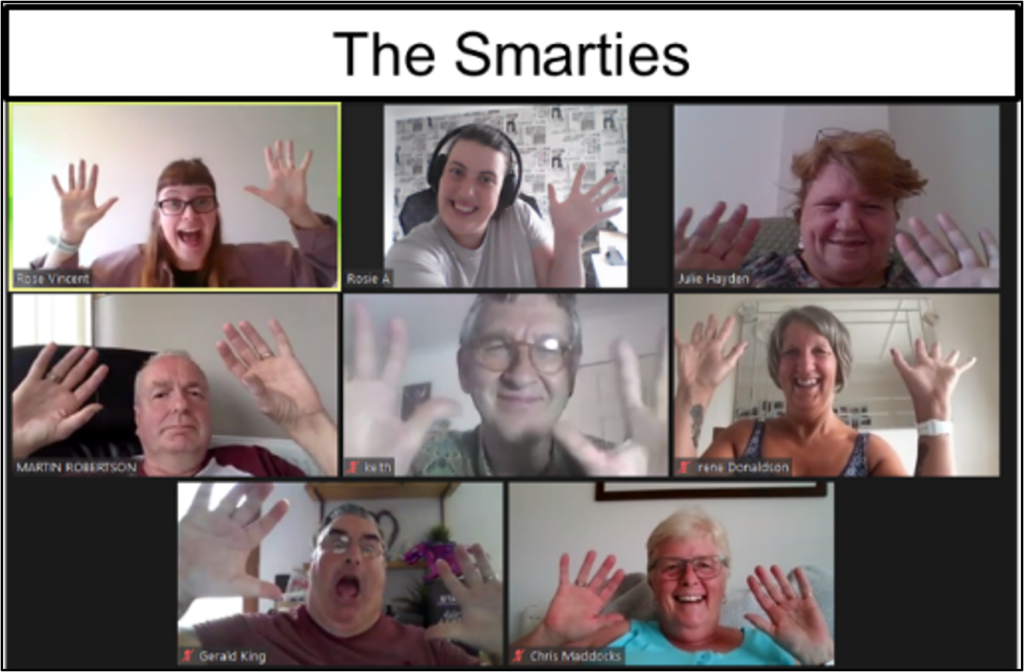 A picture of the Smarties from a Zoom screen capture: From top left pictured is Rose Vincent, Rosie A, Julie Hayden, Martin Robertson, Keith, Irene Donaldson, Gerald King and Chris Maddocks